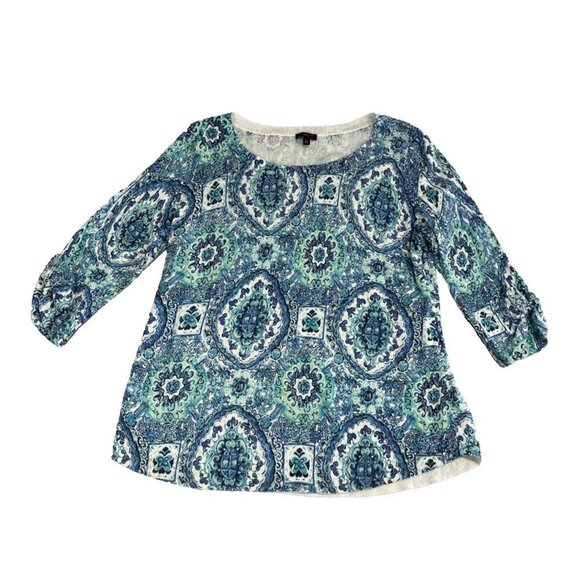 SUMMER BLUES Talbots Blue & Aqua Print Stretch Cotton Pull Over Sweater Size PL - Picture 1 of 7